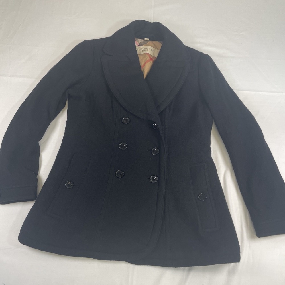 Wool DBL Breasted Peacoat- Burberry Brit Shawl Collar Classic Black W USA 12R